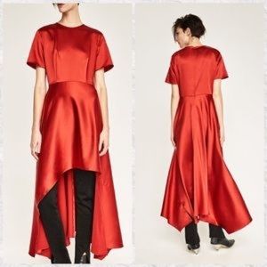 Zara red sateen high-low dress